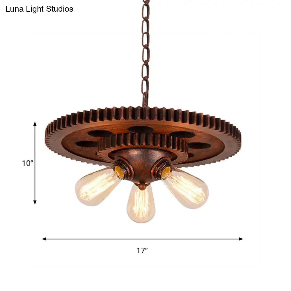 Retro Copper Pendant Chandelier With Open Bulb & Gear Design - Ideal For Restaurants 3 Lights