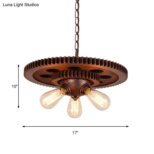 Retro Copper Pendant Chandelier With Open Bulb & Gear Design - Ideal For Restaurants 3 Lights