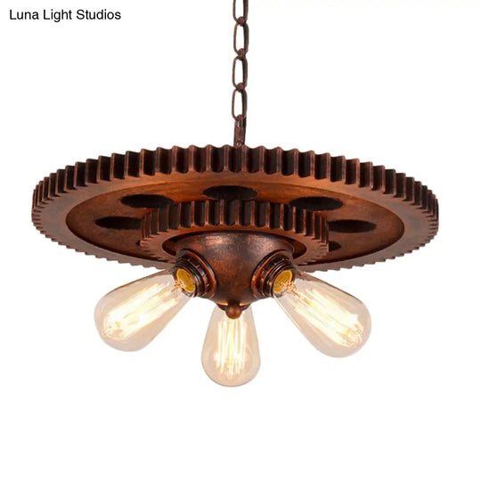 Rustic Weathered Copper Chandelier With Open Bulb And Gear Design – Perfect For Retro Restaurant