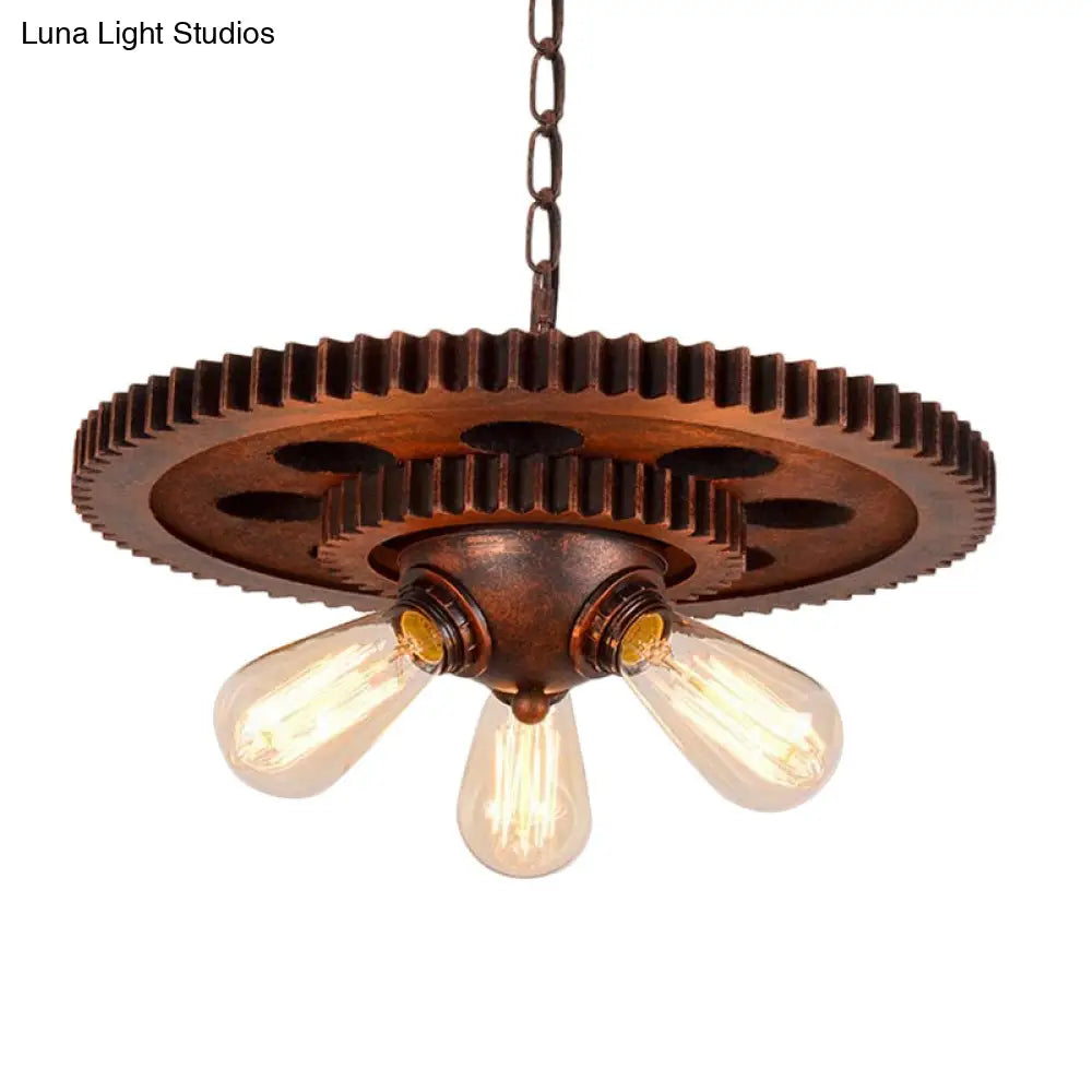 Retro Copper Pendant Chandelier With Open Bulb & Gear Design - Ideal For Restaurants 3 Lights