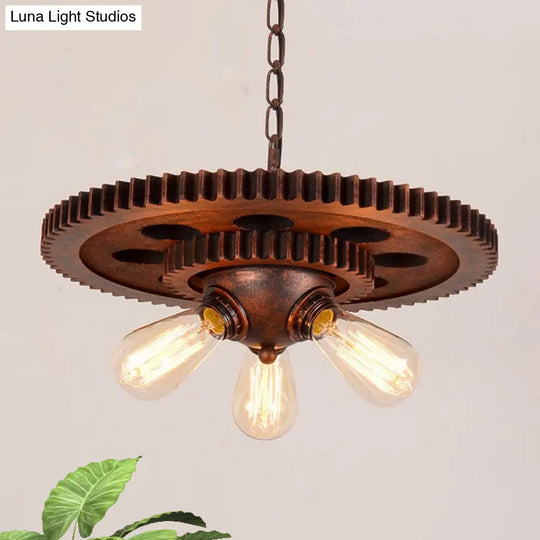 Rustic Weathered Copper Chandelier With Open Bulb And Gear Design – Perfect For Retro Restaurant