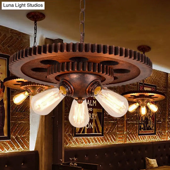 Retro Copper Pendant Chandelier With Open Bulb & Gear Design - Ideal For Restaurants 3 Lights