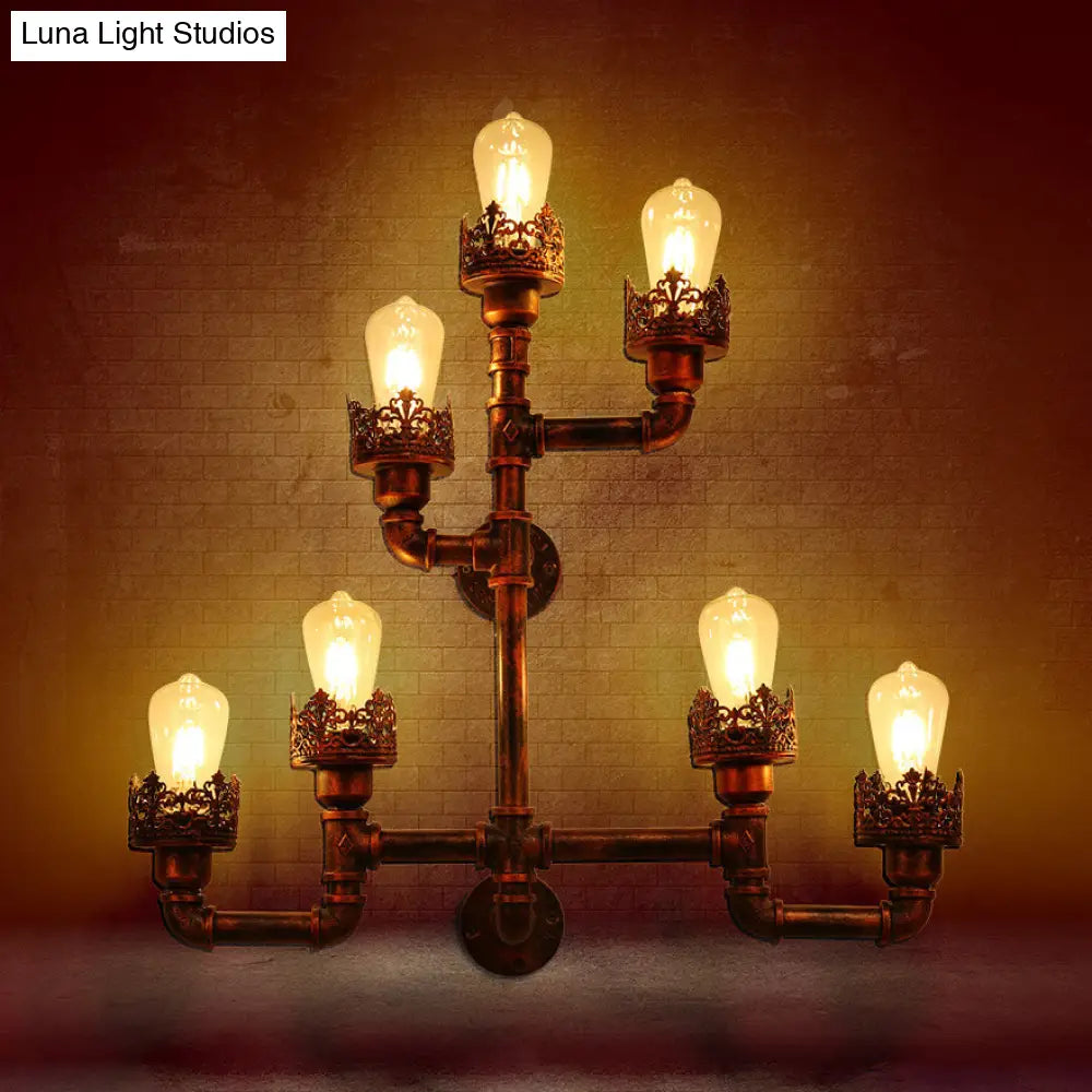 Rustic Weathered Copper Pipe Wall Lamp With Stylish Iron Design And 7 Lights - Ideal For Restaurants