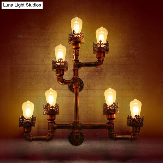 Rustic Weathered Copper Pipe Wall Lamp With Stylish Iron Design And 7 Lights - Ideal For Restaurants