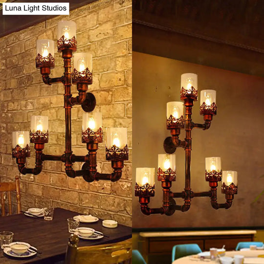 Rustic Weathered Copper Pipe Wall Lamp With Stylish Iron Design And 7 Lights - Ideal For Restaurants