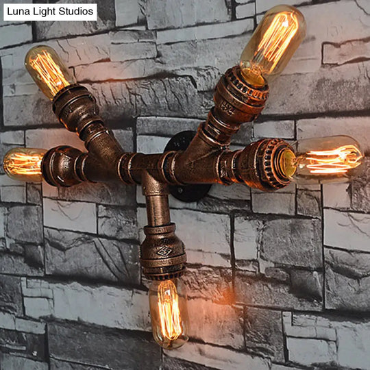 Rustic Weathered Copper Wall Sconce Lamp - Expose Bulb With Pipe Design 2/3/4 Heads Wrought Iron