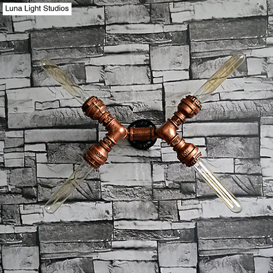 Rustic Weathered Copper Wall Sconce Lamp - Expose Bulb With Pipe Design 2/3/4 Heads Wrought Iron