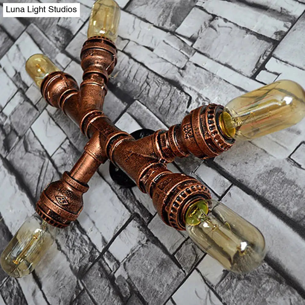 Rustic Weathered Copper Wall Sconce Lamp - Expose Bulb With Pipe Design 2/3/4 Heads Wrought Iron