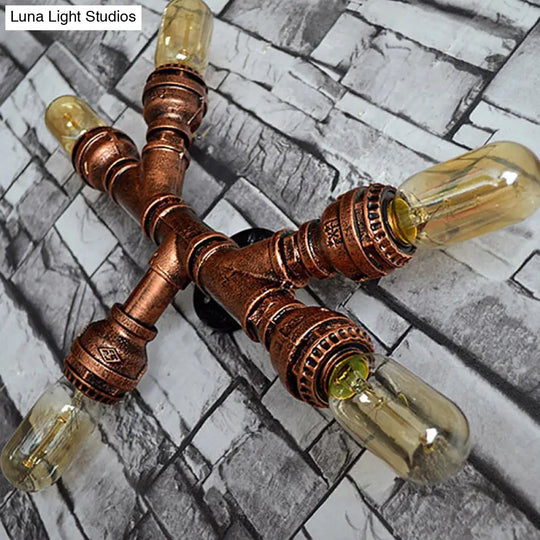 Rustic Weathered Copper Wall Sconce Lamp - Expose Bulb With Pipe Design 2/3/4 Heads Wrought Iron