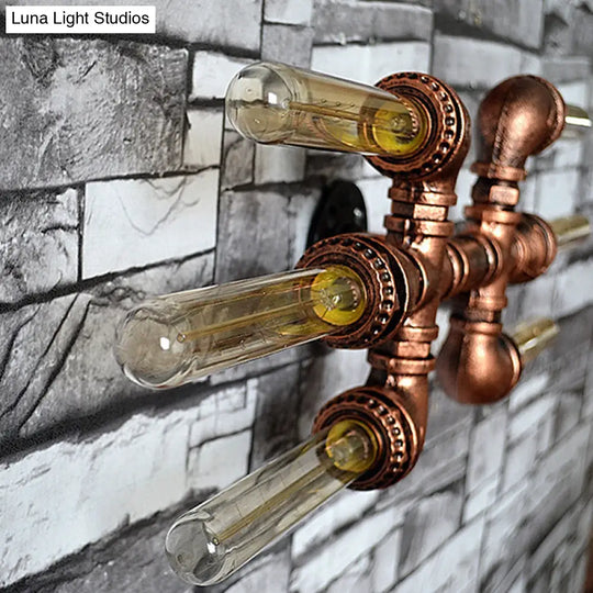 Rustic Weathered Copper Wall Sconce Lamp - Expose Bulb With Pipe Design 2/3/4 Heads Wrought Iron