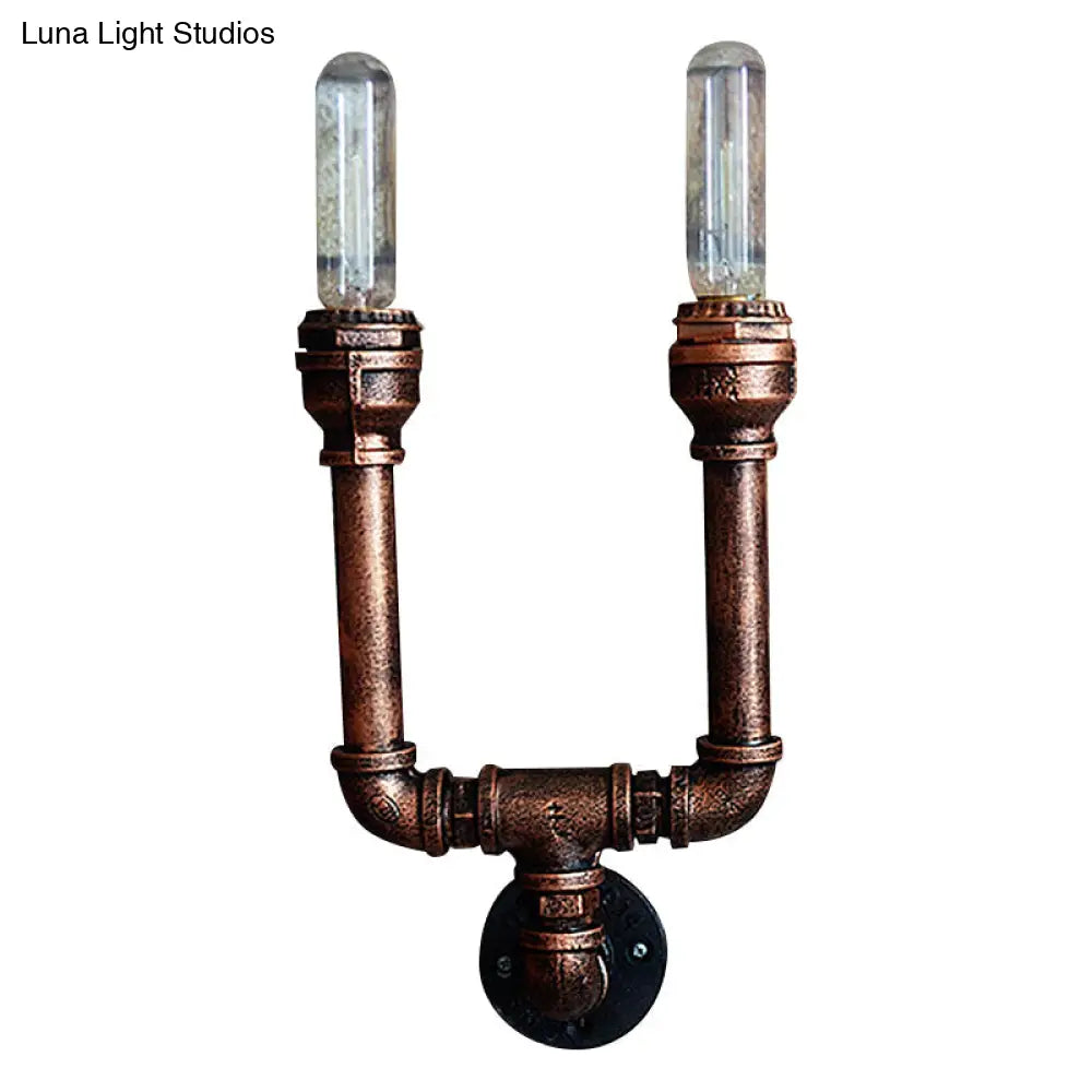 Rustic Weathered Copper Wall Sconce Lamp - Expose Bulb With Pipe Design 2/3/4 Heads Wrought Iron