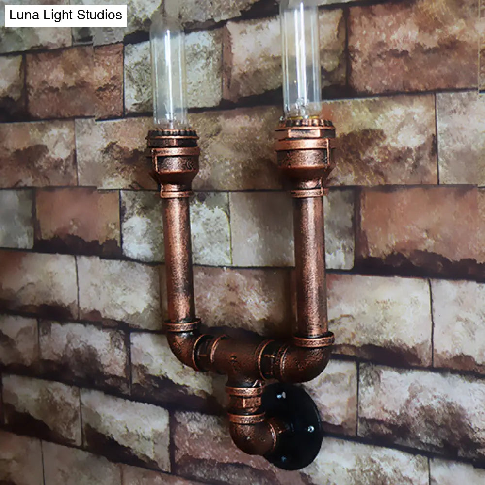 Rustic Weathered Copper Wall Sconce Lamp - Expose Bulb With Pipe Design 2/3/4 Heads Wrought Iron