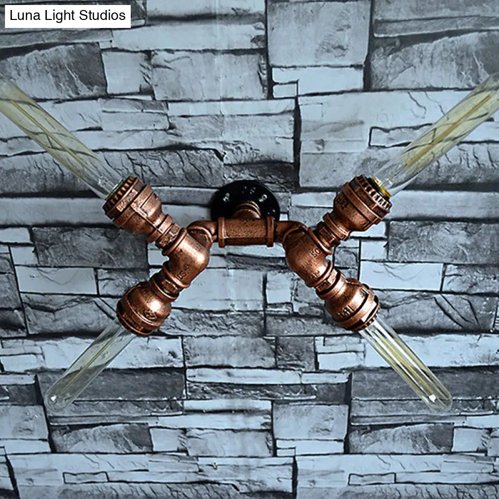 Rustic Weathered Copper Wall Sconce Lamp - Expose Bulb With Pipe Design 2/3/4 Heads Wrought Iron