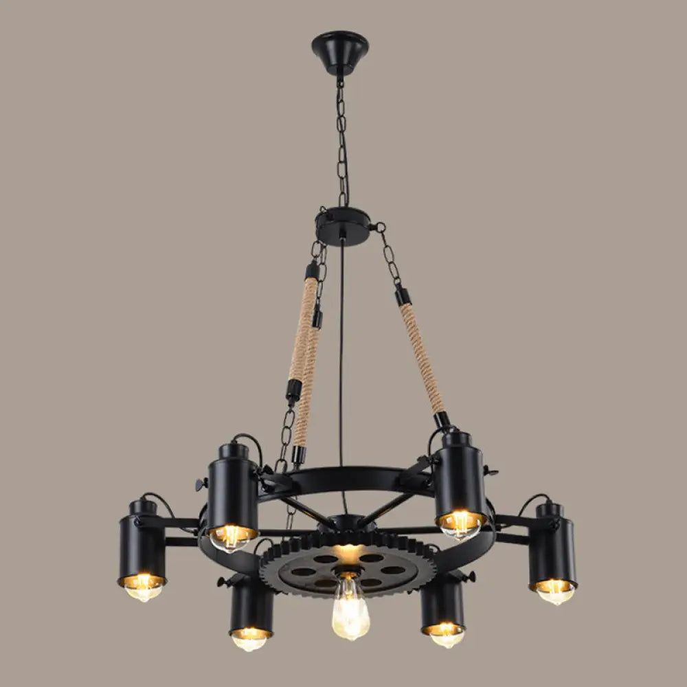 Rustic Wheel Suspension Iron Chandelier With Hemp Rope Decoration - Black 6 /