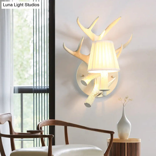 Rustic White Cone Wall Lamp With Elk Backplate - 1-Light Resin Sconce Fixture For Dining Room