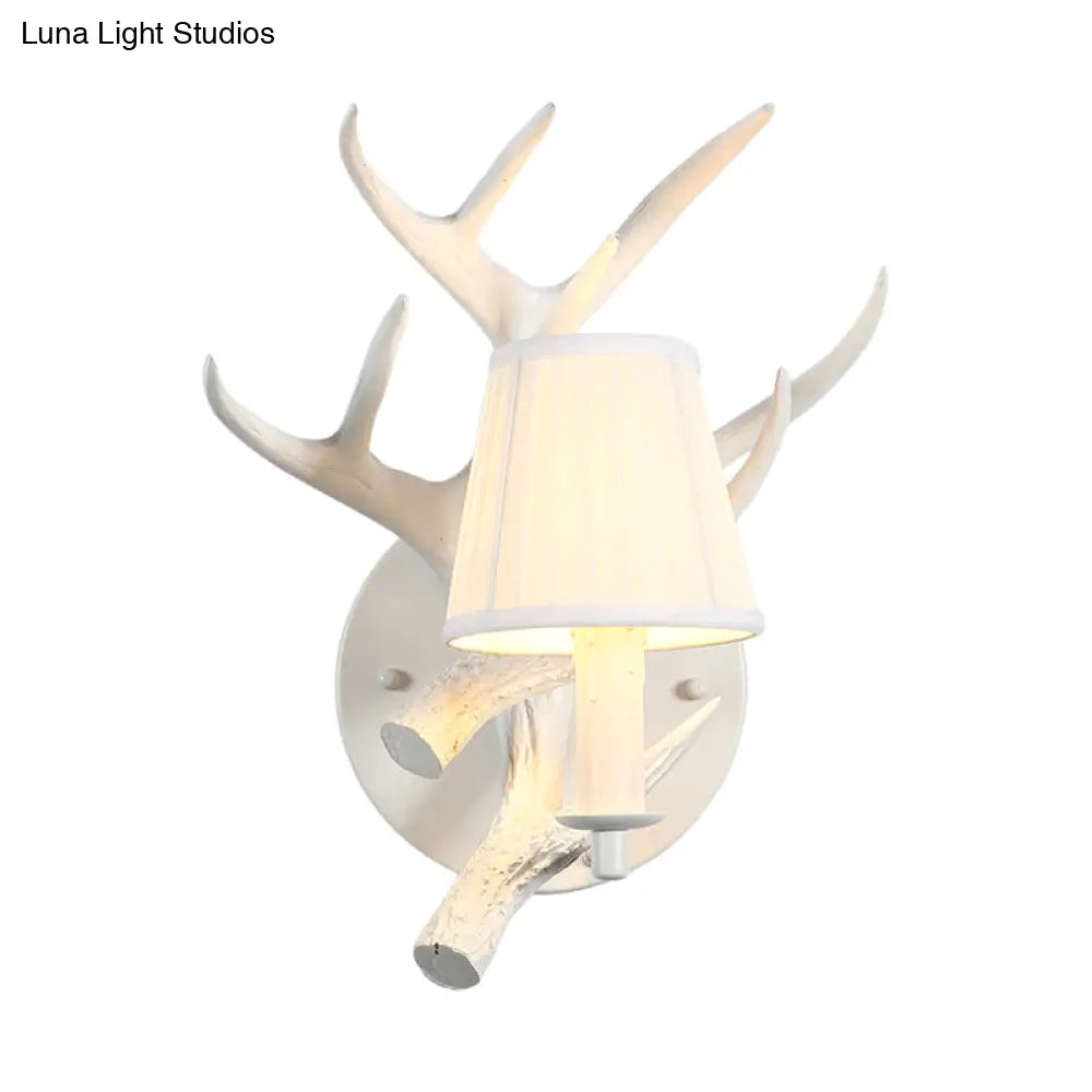 Rustic White Cone Wall Lamp With Elk Backplate - 1-Light Resin Sconce Fixture For Dining Room