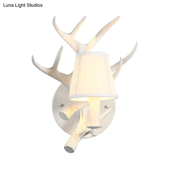 Rustic White Cone Wall Lamp With Elk Backplate - 1-Light Resin Sconce Fixture For Dining Room