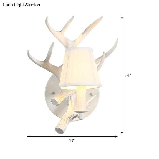 Rustic White Cone Wall Lamp With Elk Backplate - 1-Light Resin Sconce Fixture For Dining Room