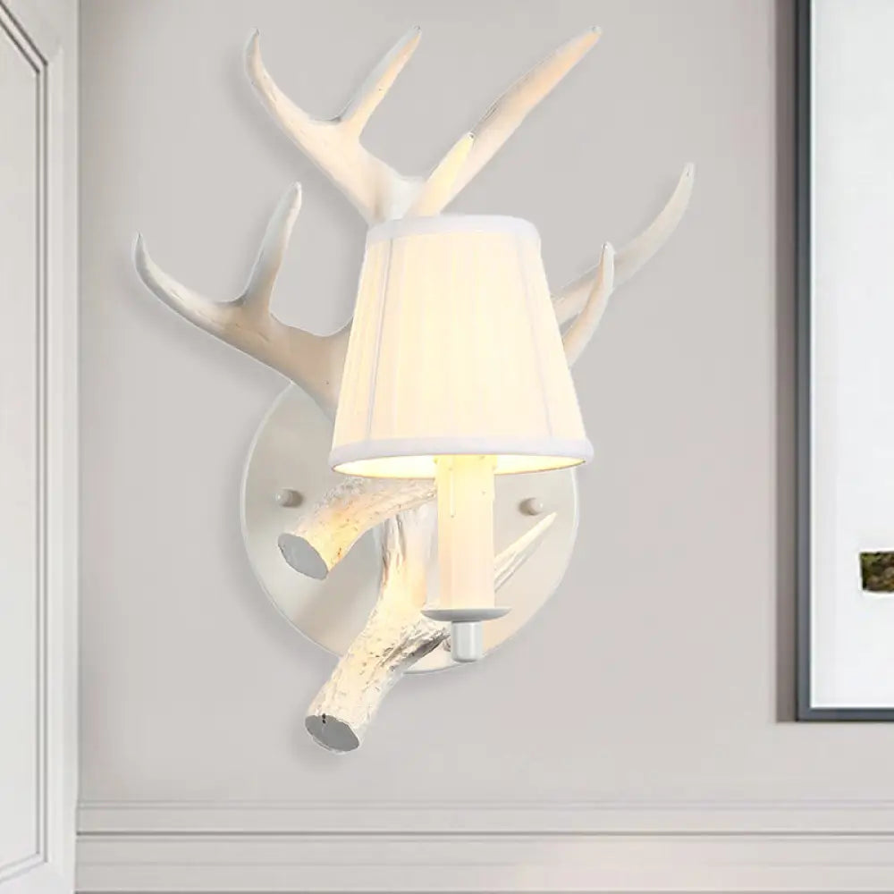 Rustic White Cone Wall Lamp With Elk Backplate - 1-Light Resin Sconce Fixture For Dining Room