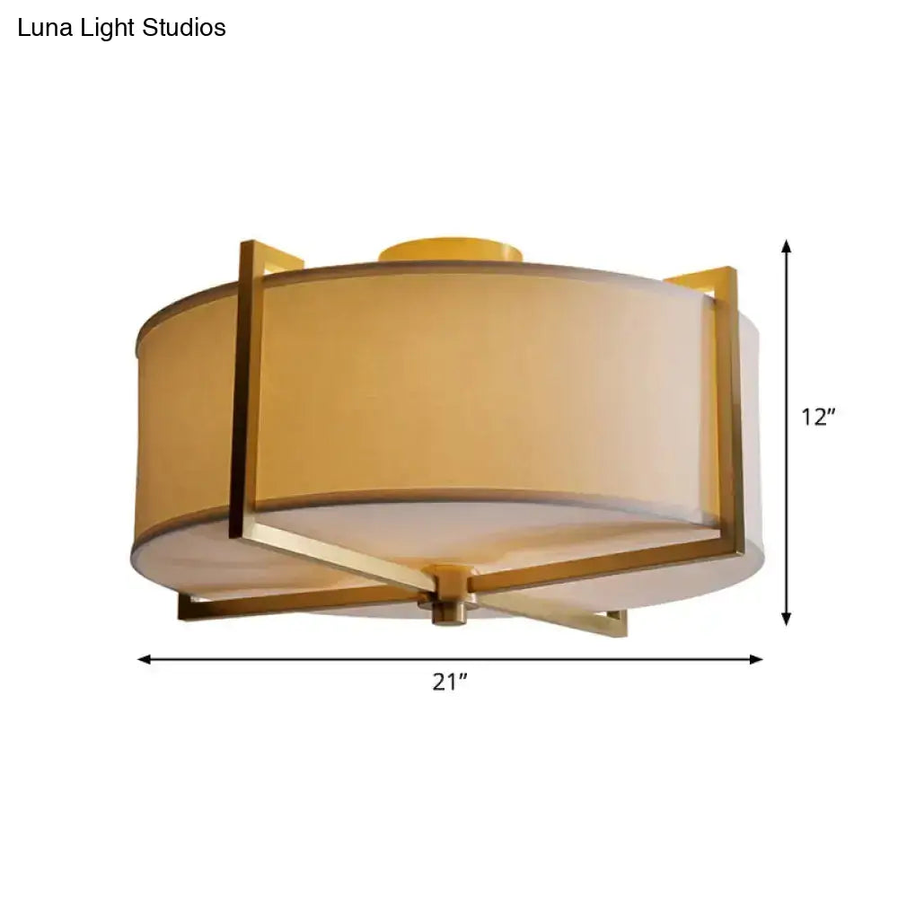 Rustic White Fabric Flush Mount Ceiling Light With X-Brace - 5-Lights Round/Square Design Brass