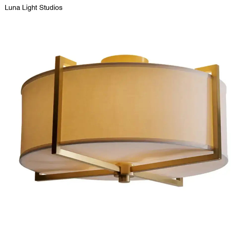 Rustic White Fabric Flush Mount Ceiling Light With X-Brace - 5-Lights Round/Square Design Brass