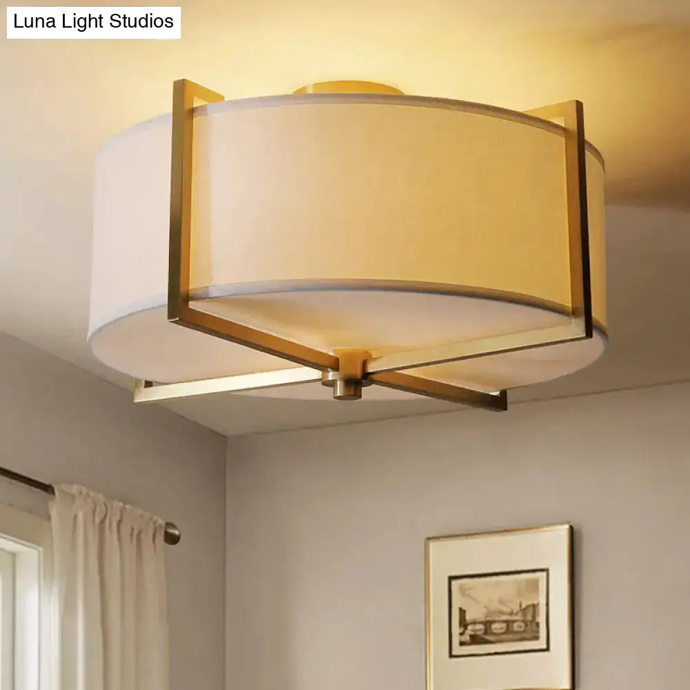 Rustic White Fabric Flush Mount Ceiling Light With X-Brace - 5-Lights Round/Square Design Brass