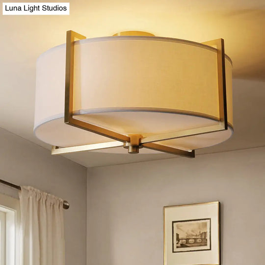 Rustic White Fabric Flush Mount Ceiling Light With X-Brace - 5-Lights Round/Square Design Brass