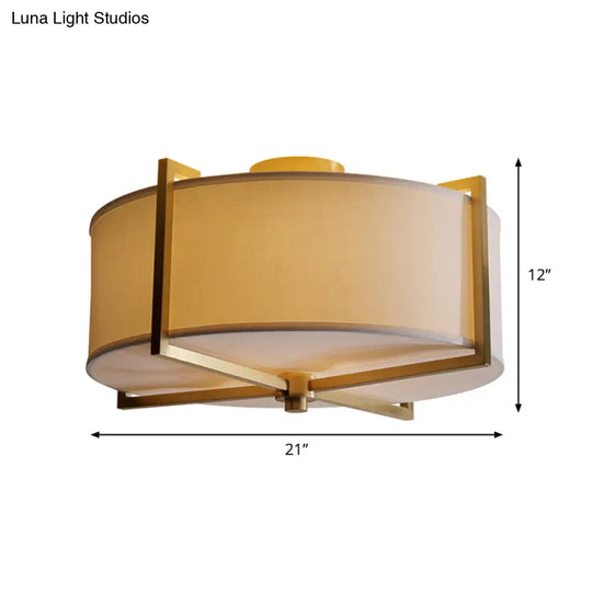 Rustic White Fabric Flush Mount Ceiling Light With X - Brace - 5 - Lights Round/Square Design Brass