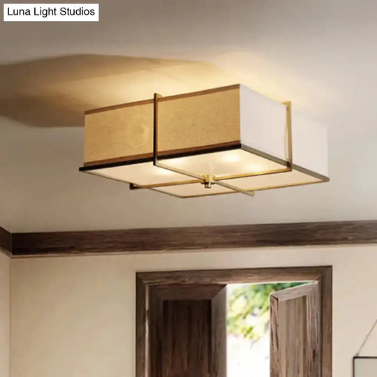 Rustic White Fabric Flush Mount Ceiling Light With X-Brace - 5-Lights Round/Square Design Brass