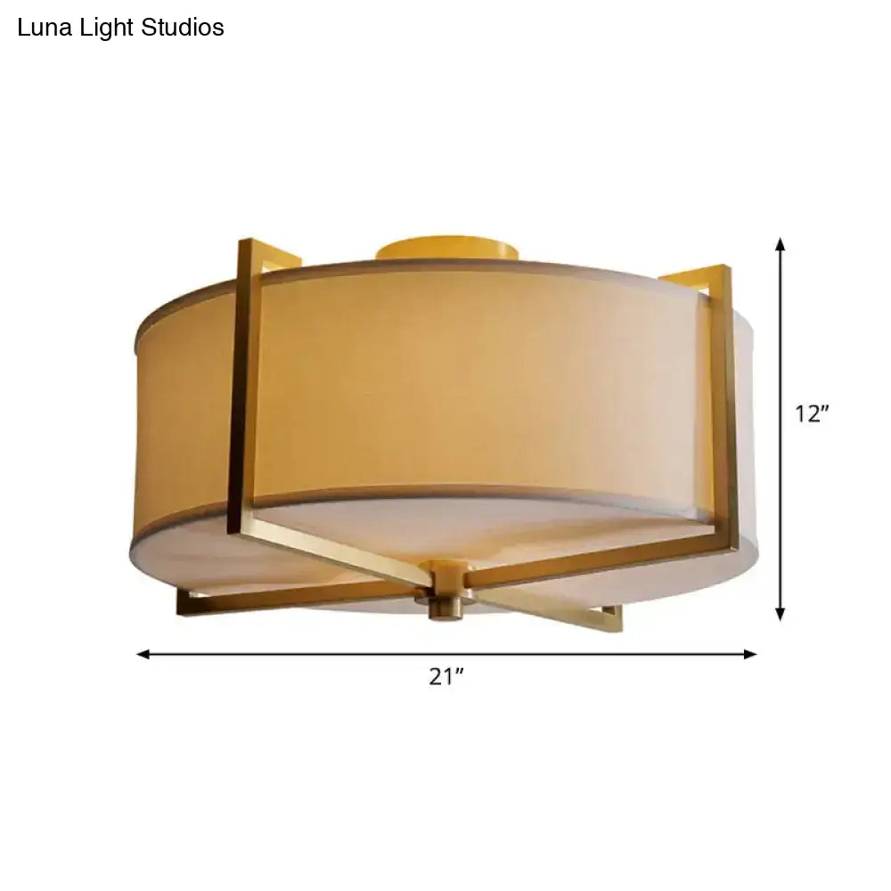 Rustic White Fabric Flush Mount Ceiling Light With X-Brace - 5-Lights Round/Square Design Brass