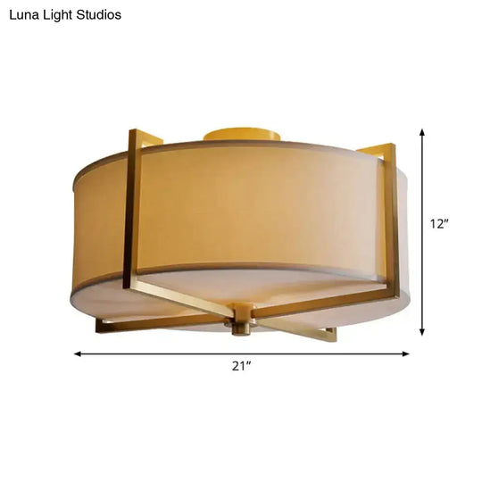 Rustic White Fabric Flush Mount Ceiling Light With X-Brace - 5-Lights Round/Square Design Brass