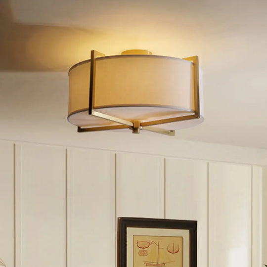 Rustic White Fabric Flush Mount Ceiling Light With X - Brace - 5 - Lights Round/Square Design Brass
