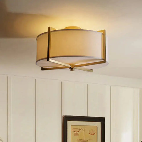 Rustic White Fabric Flush Mount Ceiling Light With X-Brace - 5-Lights Round/Square Design Brass