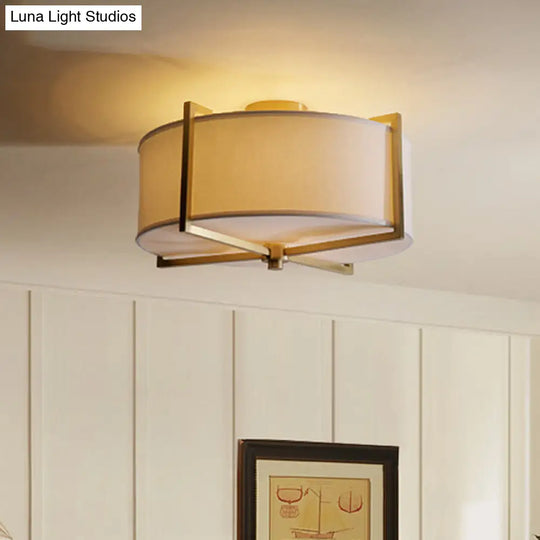 Rustic White Fabric Flush Mount Ceiling Light With X-Brace - 5-Lights Round/Square Design Brass