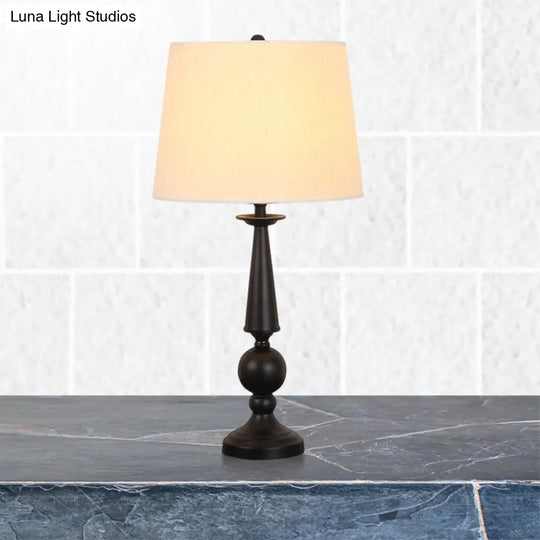 Rustic White Fabric Night Lamp With Tapered Drum Shade And Column Pedestal - 1 Bulb Table Lighting