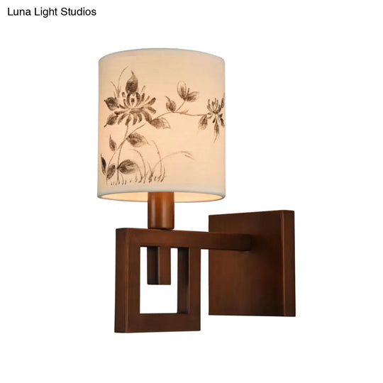 Rustic White Fabric Wall Sconce Light For Study Room - 1-Light Cylinder Fixture With Floral Pattern