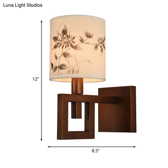 Rustic White Fabric Wall Sconce Light For Study Room - 1-Light Cylinder Fixture With Floral Pattern