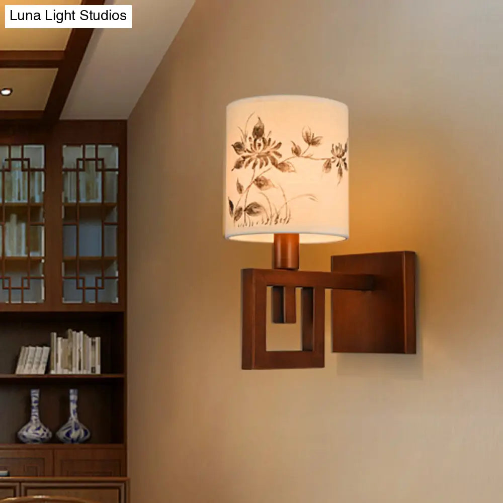 Rustic White Fabric Wall Sconce Light For Study Room - 1-Light Cylinder Fixture With Floral Pattern