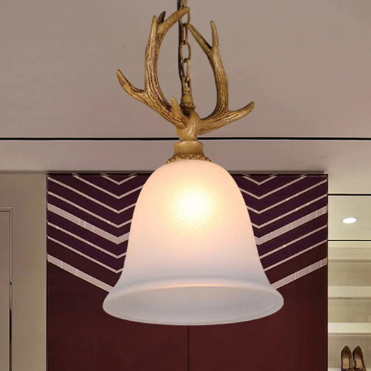 Rustic White Glass Hanging Pendant Light With Elk Design - 1 Bell Ceiling Lamp