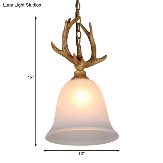 Rustic White Glass Hanging Pendant Light With Elk Design - 1 Bell Ceiling Lamp