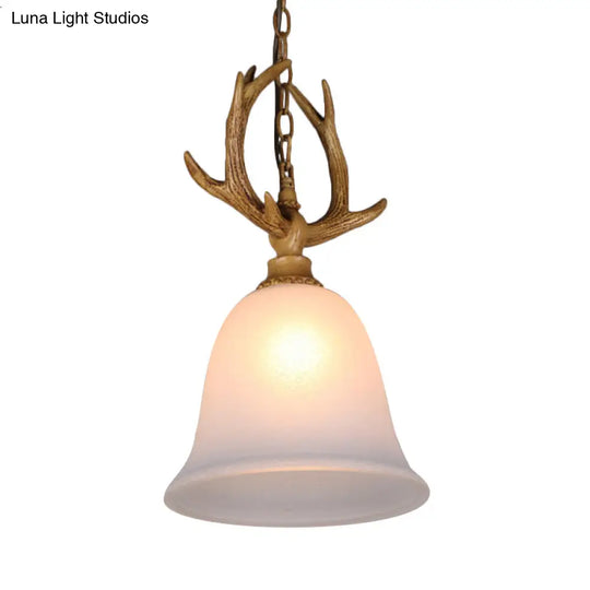 Rustic White Glass Hanging Pendant Light With Elk Design - 1 Bell Ceiling Lamp