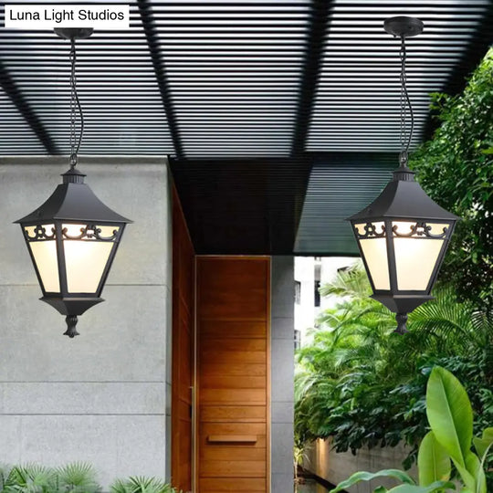 Rustic White Glass Lantern Hanging Ceiling Light - Black/Bronze Single Bulb Pendant For Corridor