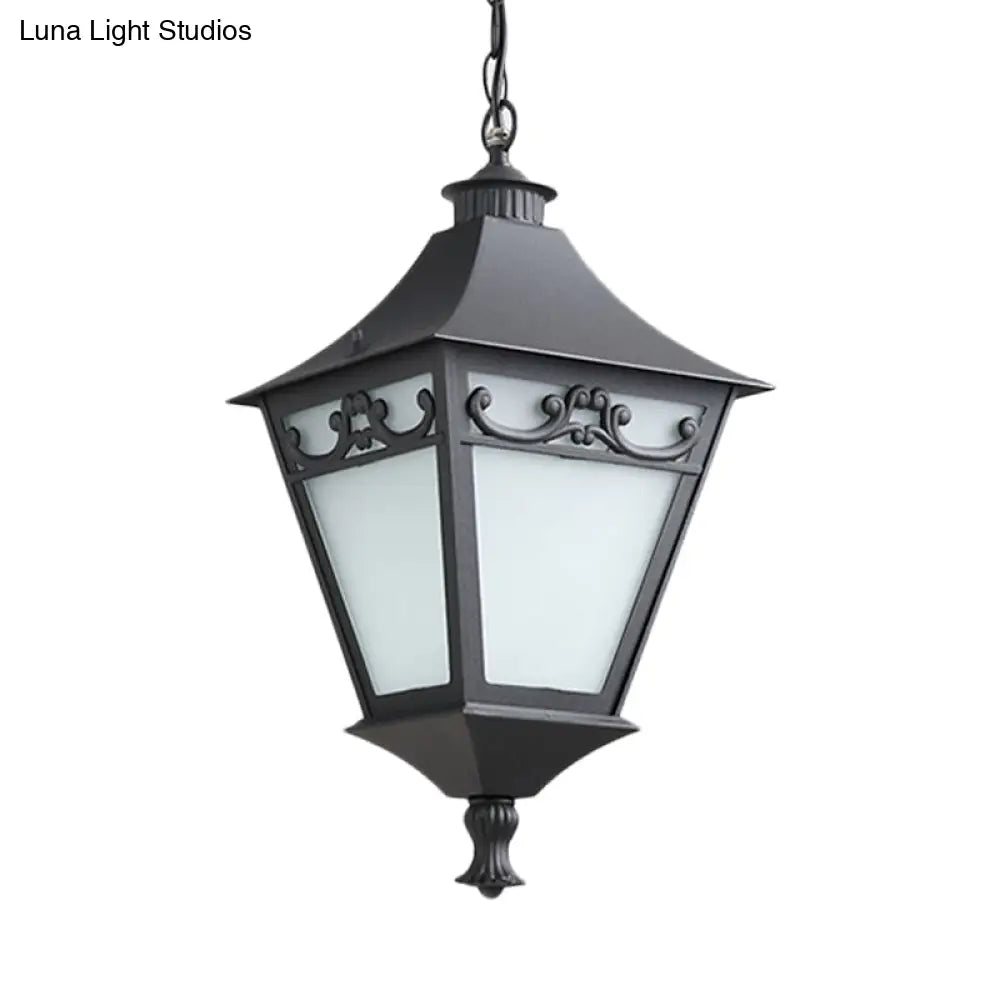 Rustic White Glass Lantern Hanging Ceiling Light - Black/Bronze Single Bulb Pendant For Corridor