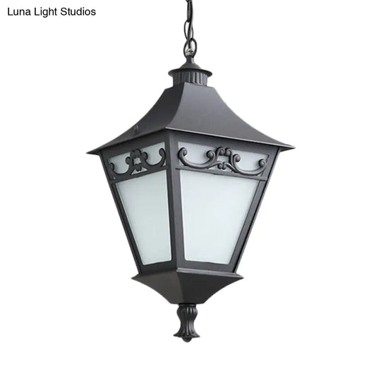 Rustic White Glass Lantern Hanging Ceiling Light - Black/Bronze Single Bulb Pendant For Corridor