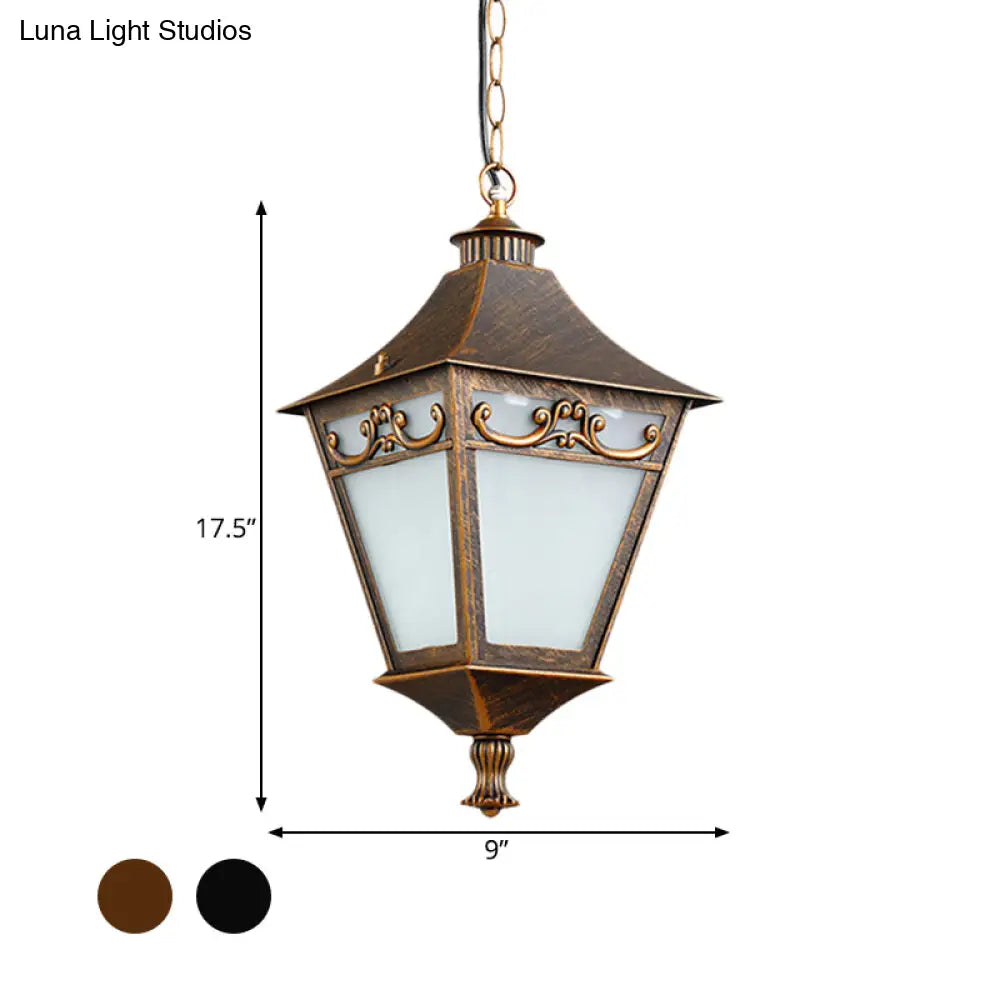 Rustic White Glass Lantern Hanging Ceiling Light - Black/Bronze Single Bulb Pendant For Corridor