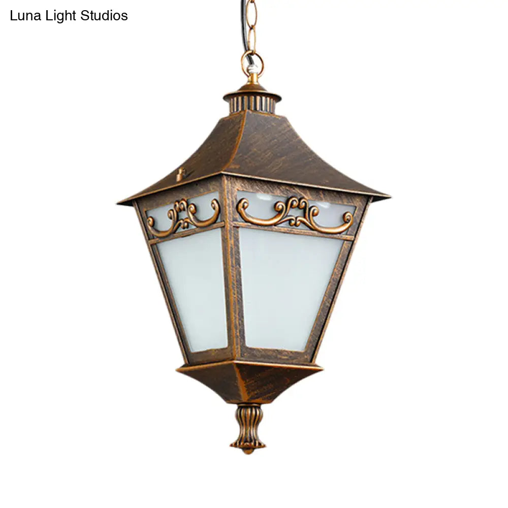 Rustic White Glass Lantern Hanging Ceiling Light - Black/Bronze Single Bulb Pendant For Corridor