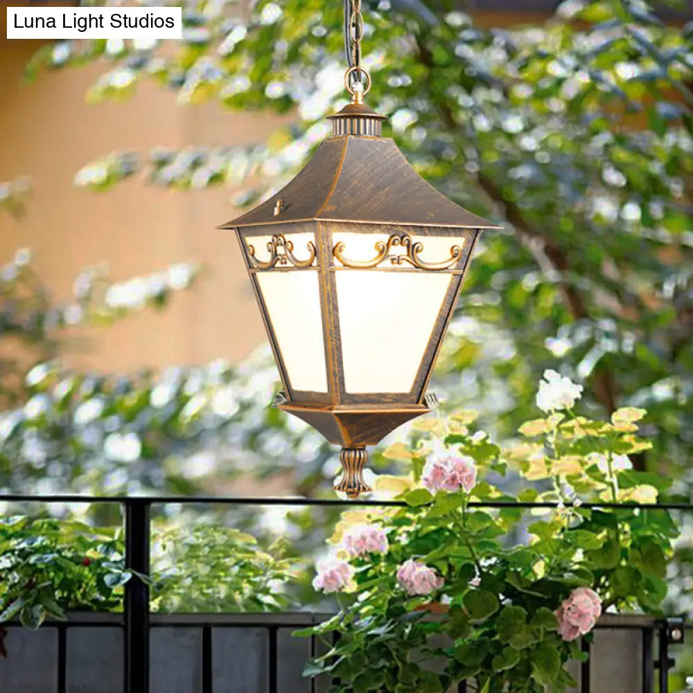 Rustic White Glass Lantern Hanging Ceiling Light - Black/Bronze Single Bulb Pendant For Corridor