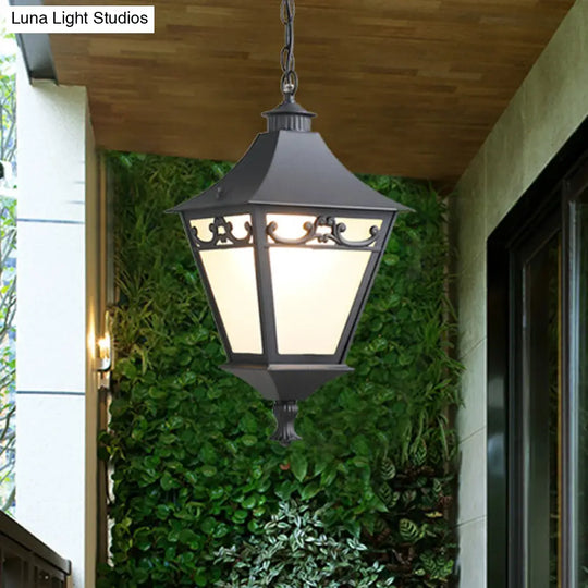 Rustic White Glass Lantern Hanging Ceiling Light - Black/Bronze Single Bulb Pendant For Corridor