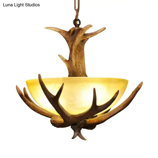 Rustic White Glass Pendant Fixture - Brown Bowl Shape With 3 Lights Dining Room Ceiling Light