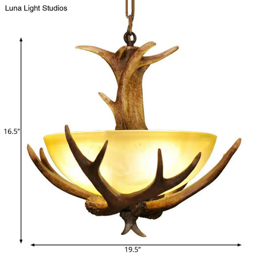 Rustic White Glass Pendant Fixture - Brown Bowl Shape With 3 Lights Dining Room Ceiling Light